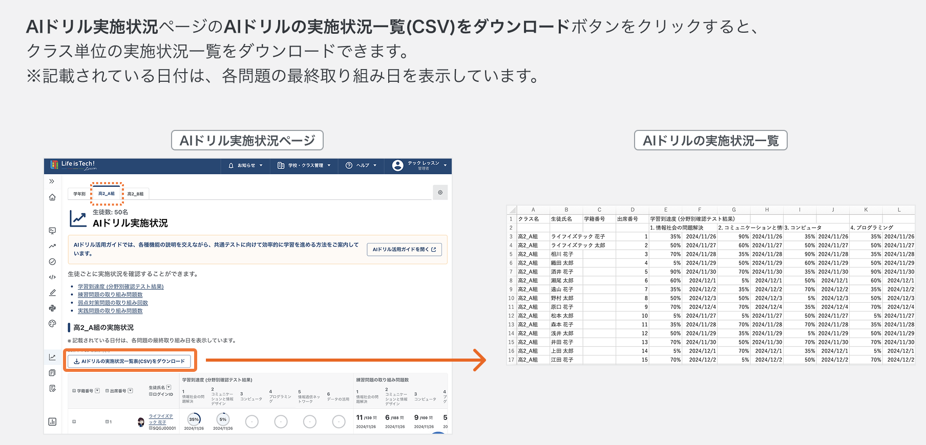クラス単位でAIドリルの実施状況一覧(CSV)をダウンロードする.png